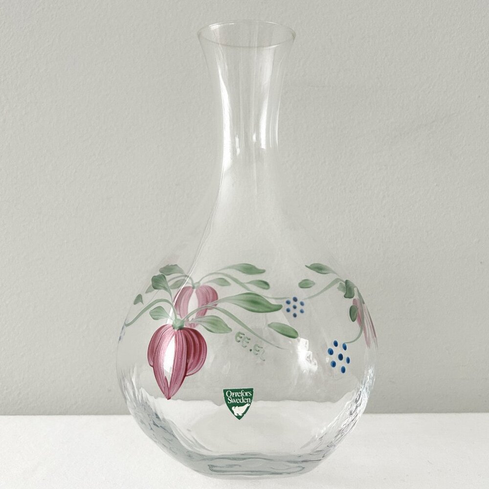 ORREFORS Maja Glass Carafe Decanter 9” Hand Painted Floral Eva Englund Sweden